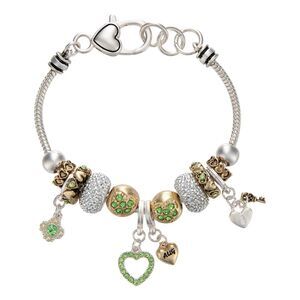 Landau August Birthstone Heart Charm Bracelet with Crystal Accents Silver Tone